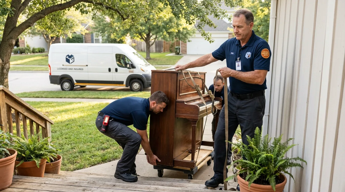 Licensed piano movers securing grand piano in Columbia, PA