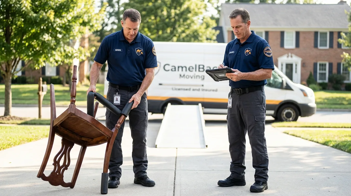 Movers inspecting furniture for damage prevention before loading in Columbia, PA