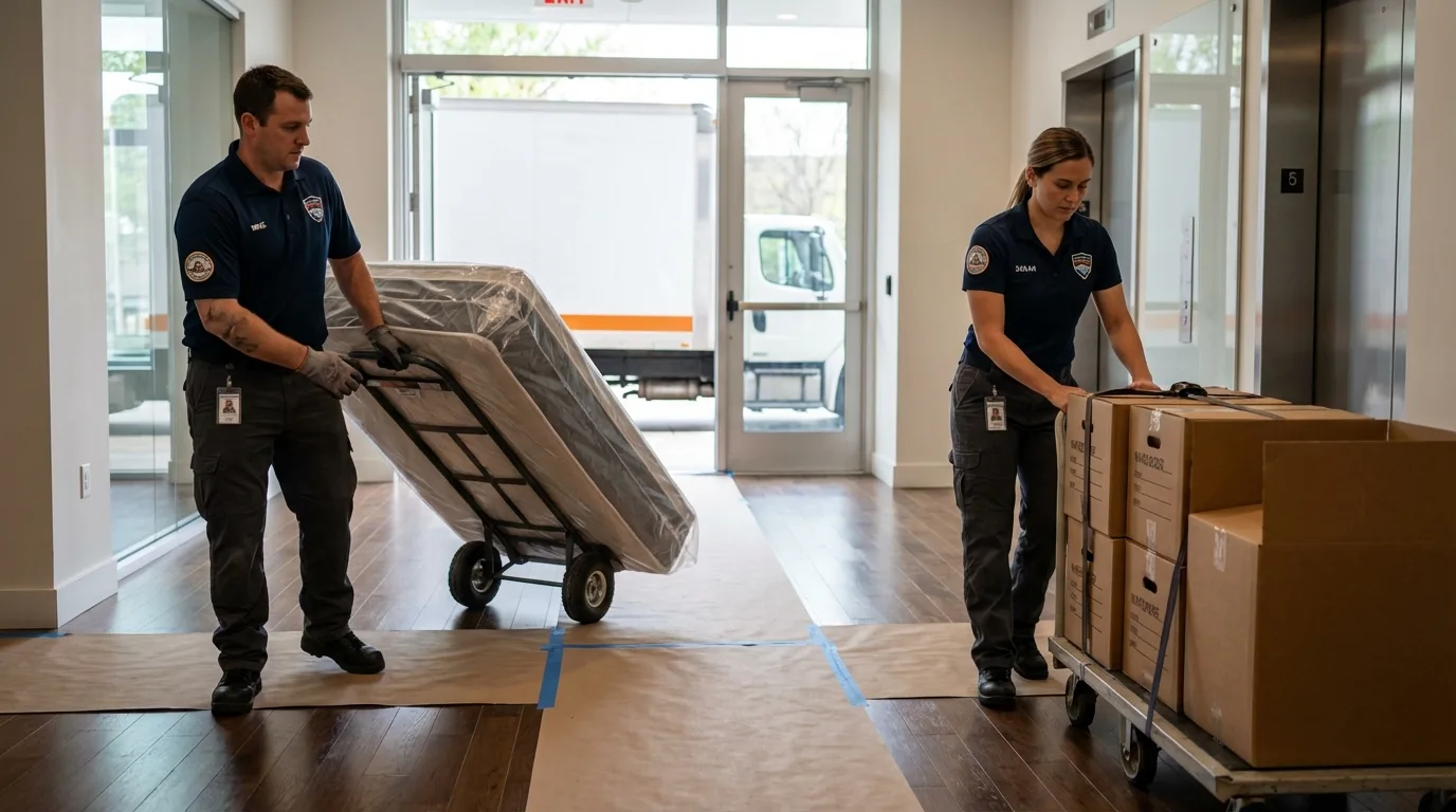 Professional apartment movers loading elevator in Columbia, PA